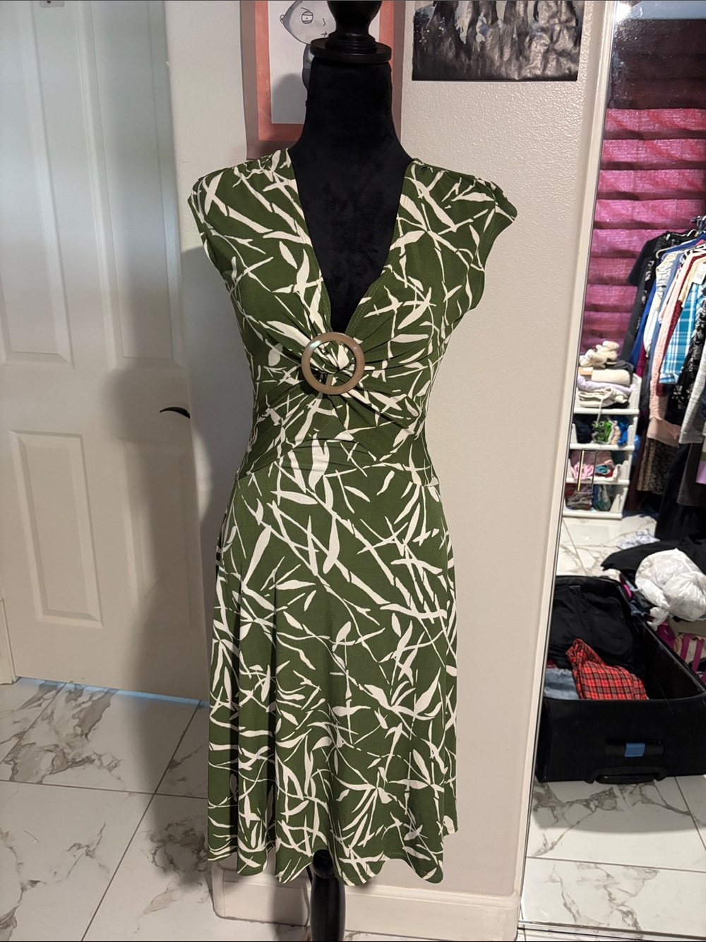 B Darlin Olive Green and White V-Neck Midi Dress with Ring Belt